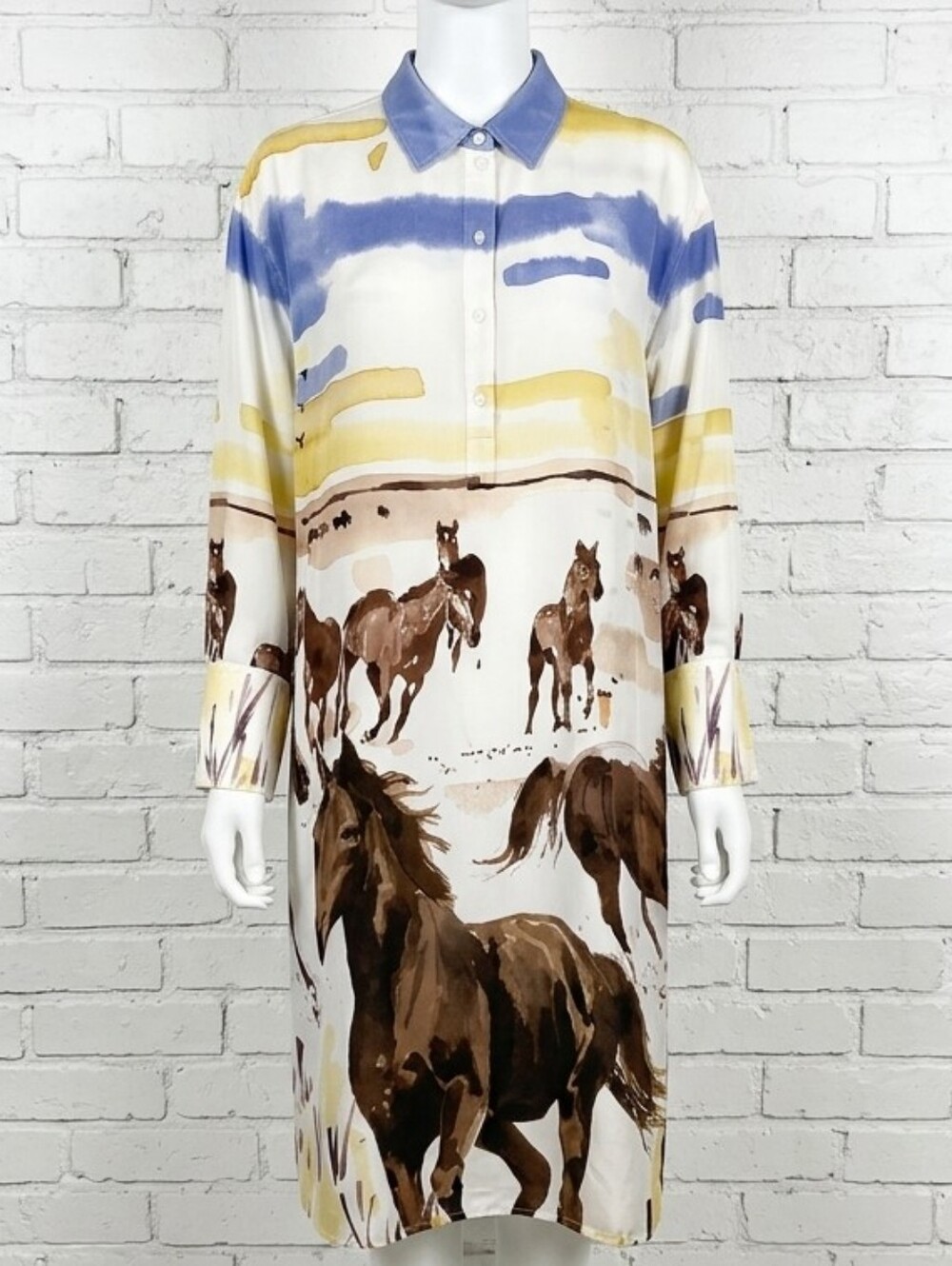 RARE Claudie Pierlot Ranch Horse Print Silk Midi Shirt Dress